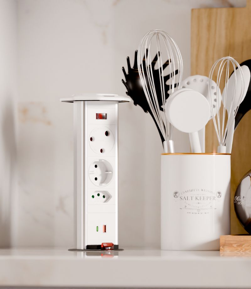 PD-5 Pop-Up Power Outlet aluminium finish close-up”